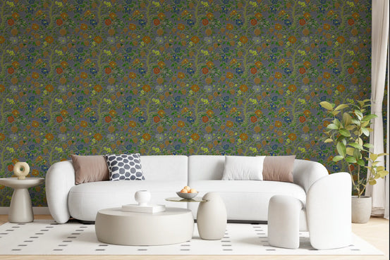 Vintage chinoiserie pomegranate wallpaper displayed in a formal living room., GD10673