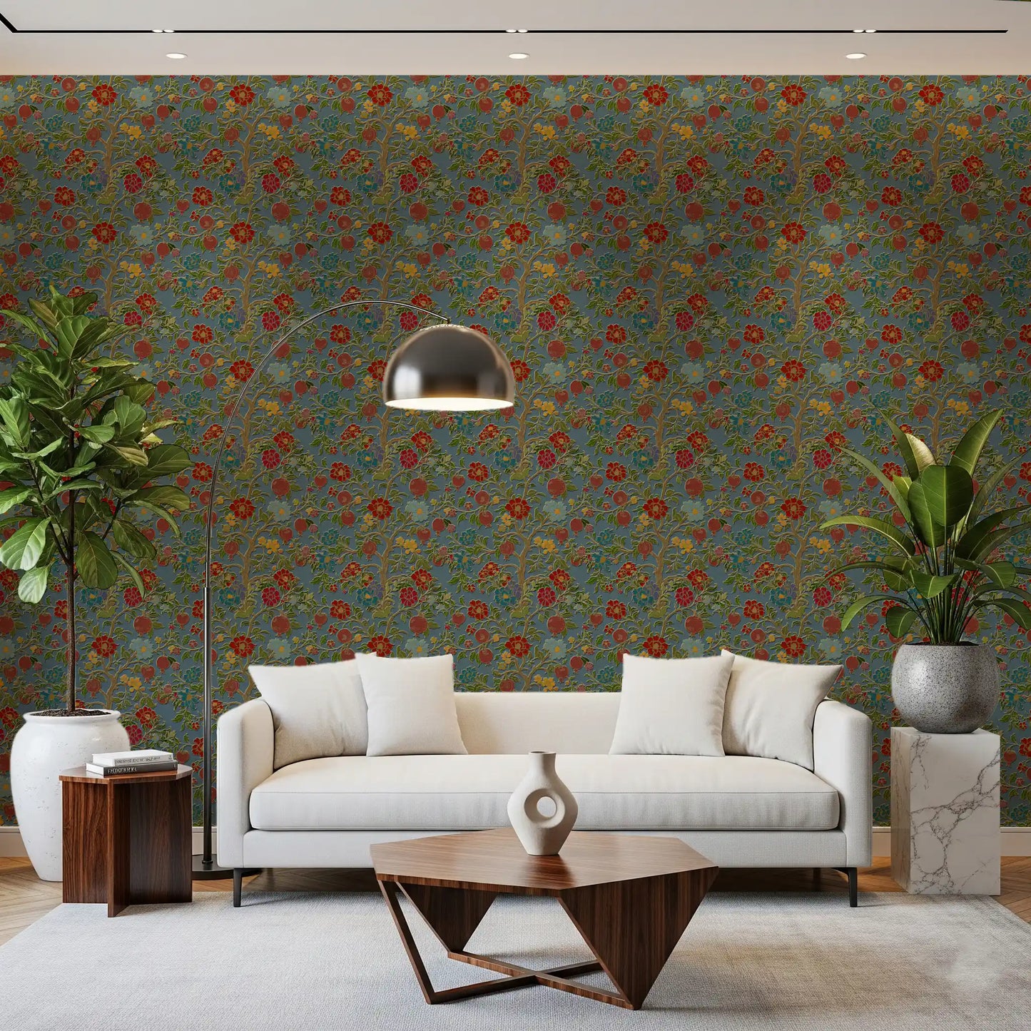 Classic Botanical Pomegranate Teal Wallpaper