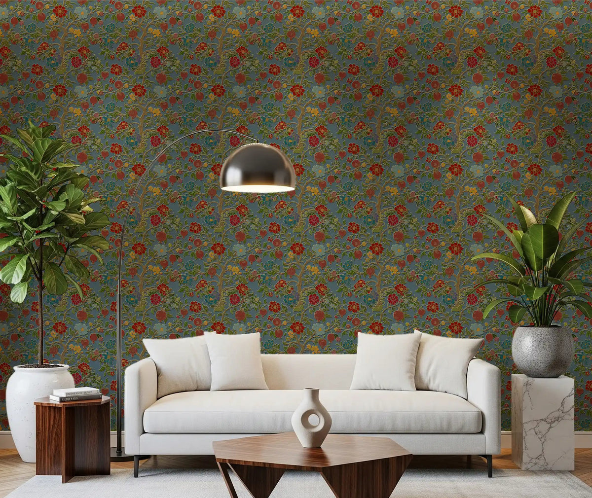 Botanical pomegranate wallpaper displayed in a formal living room with teal tones., GD10674