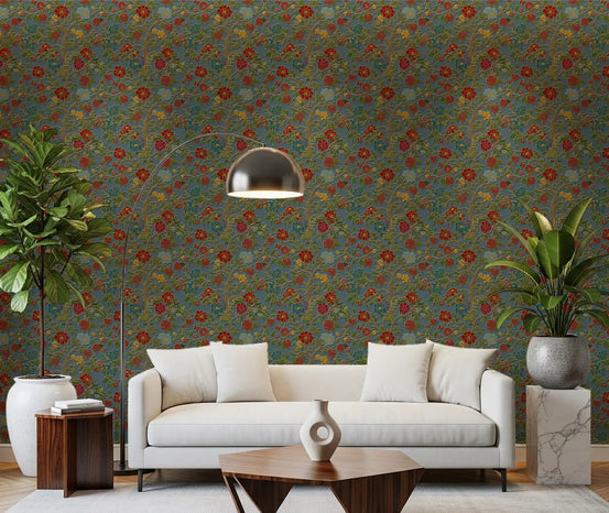 Botanical pomegranate wallpaper displayed in a formal living room with teal tones., GD10674