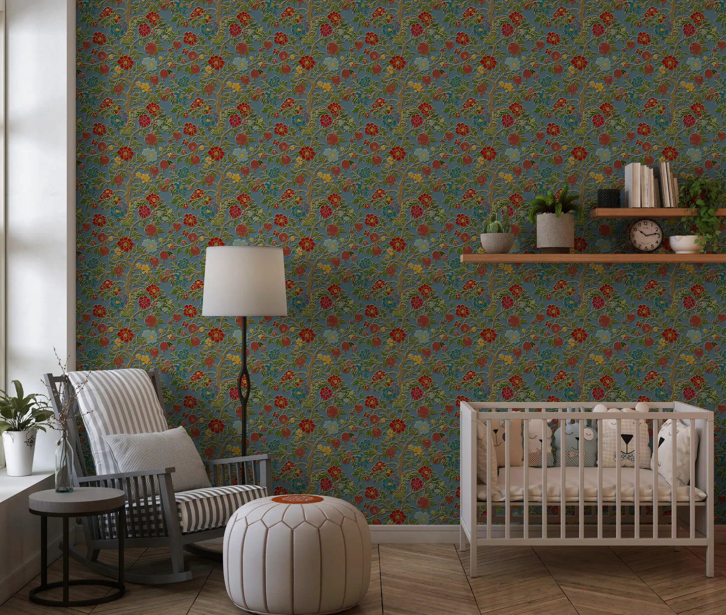Classic Botanical Pomegranate Teal Wallpaper
