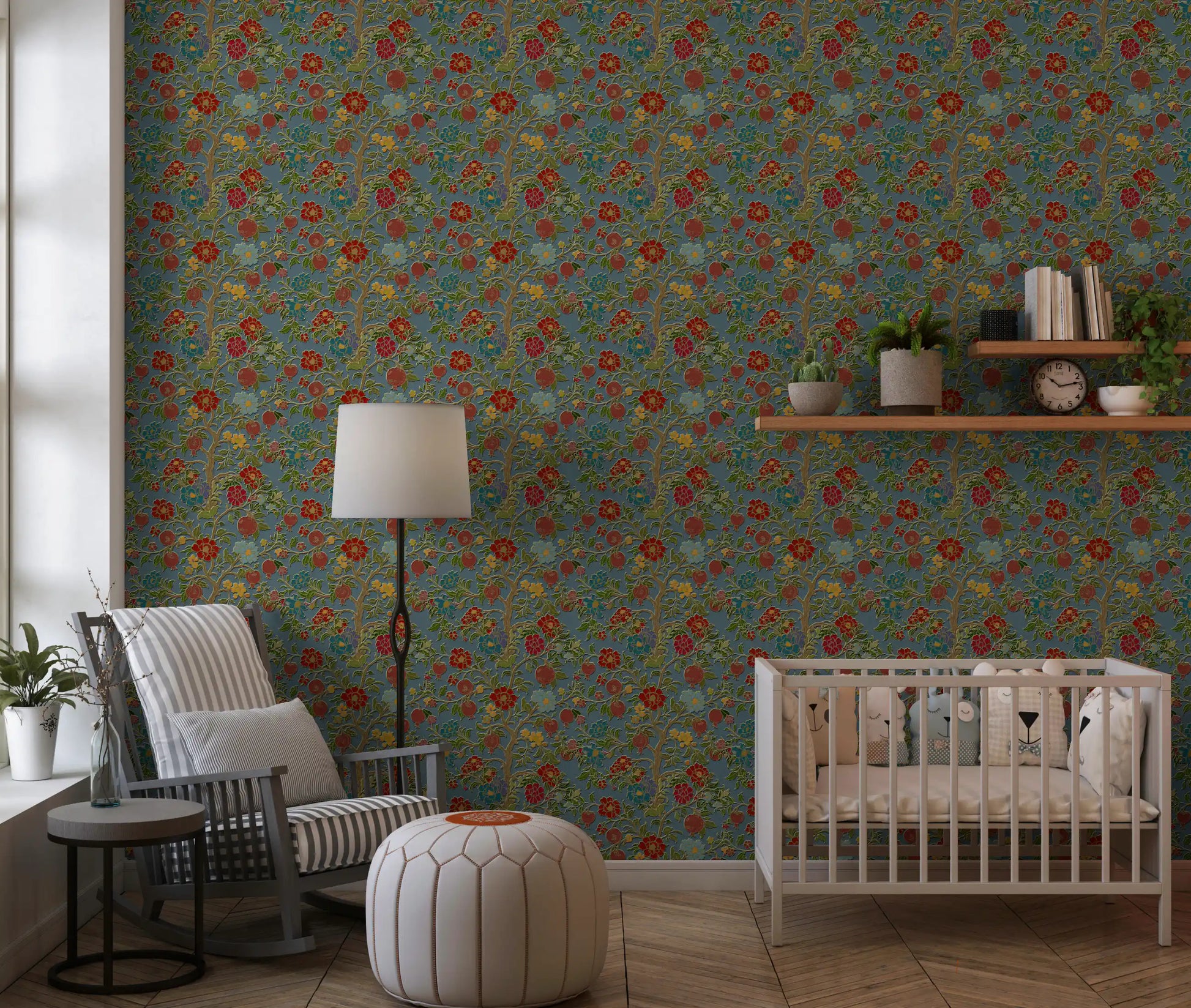 Classic Botanical Pomegranate Teal Wallpaper