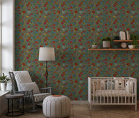 Classic Botanical Pomegranate Teal Wallpaper