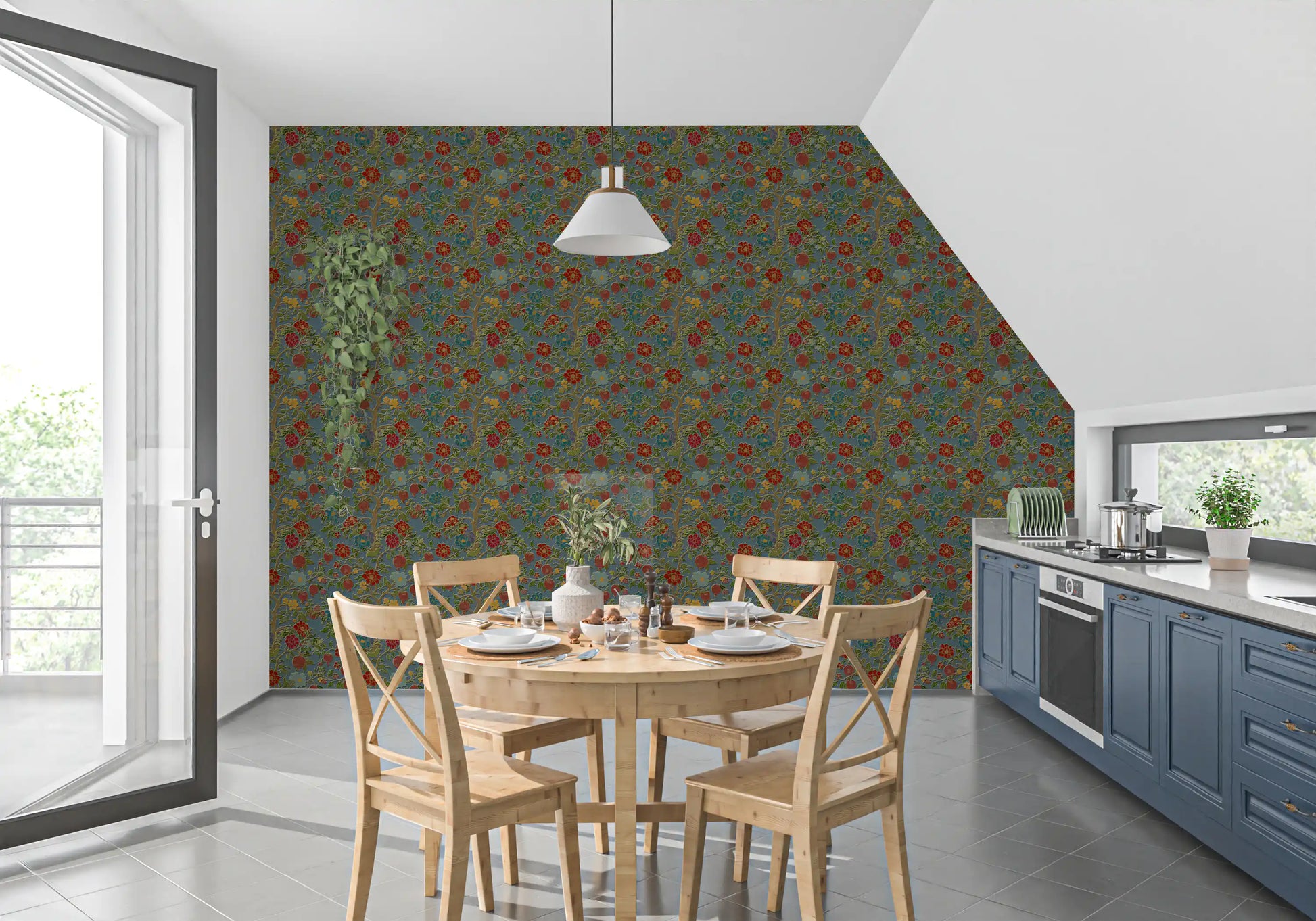 Classic Botanical Pomegranate Teal Wallpaper
