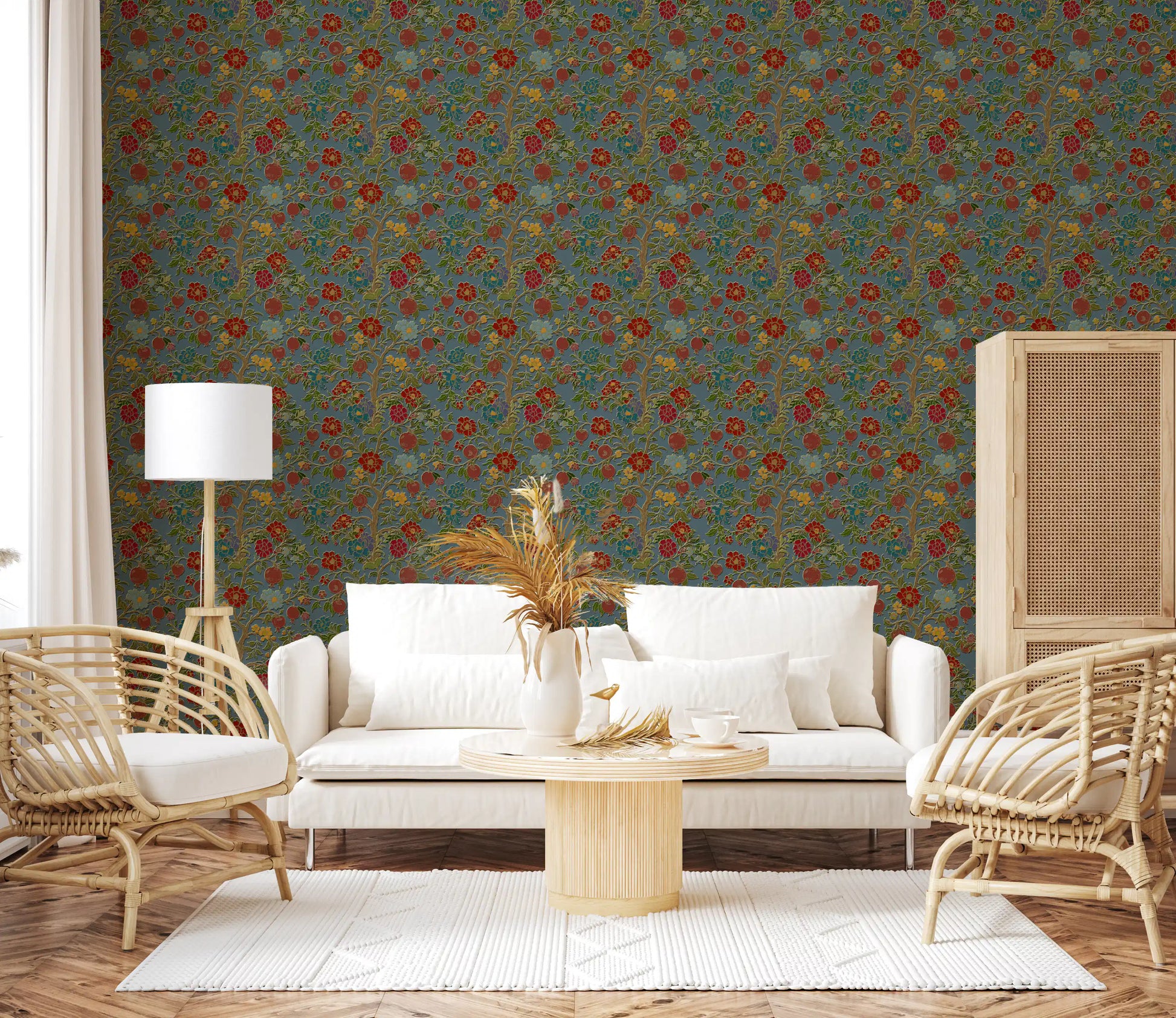 Classic Botanical Pomegranate Teal Wallpaper