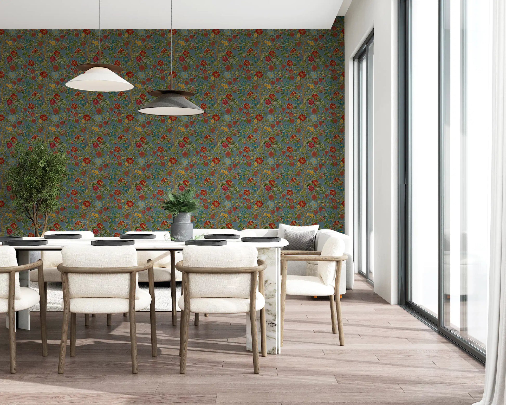 Classic Botanical Pomegranate Teal Wallpaper