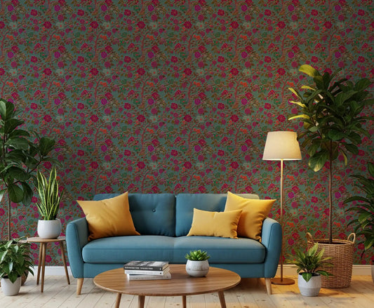 Hallway feature wall showing tree of life floral wallpaper in jewel-toned colours.