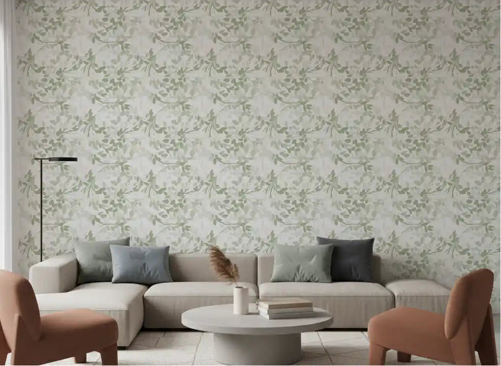 Living room feature wall with sage green botanical leaf and blush berry wallpaper., GD10676