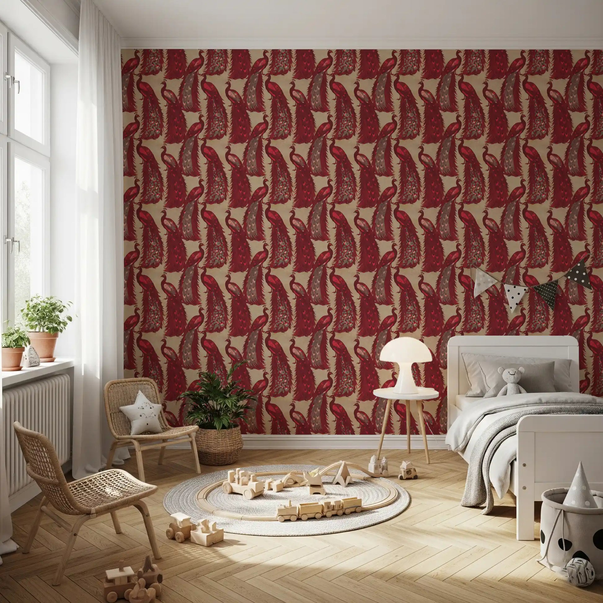 Crimson Elegance Peacock Wallpaper