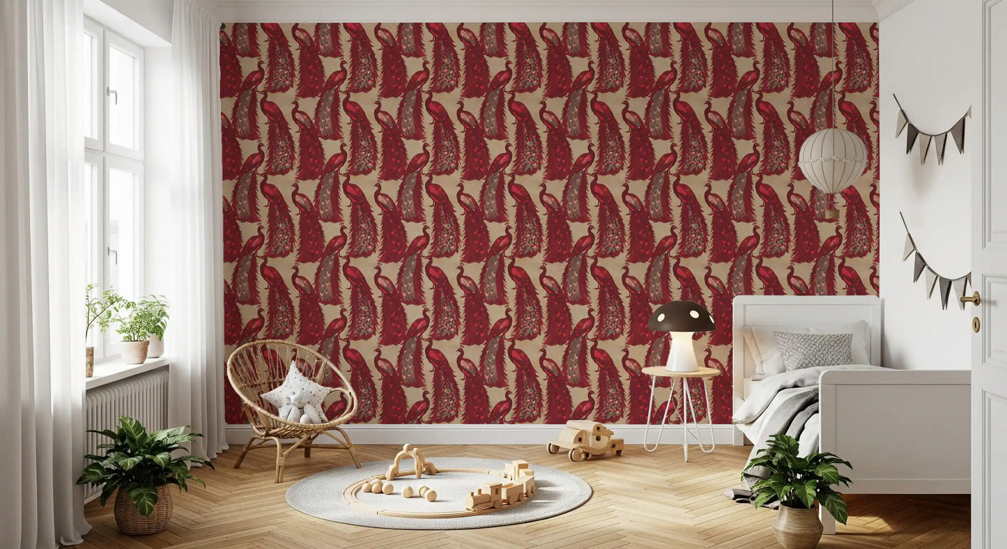 Crimson Elegance Peacock Wallpaper