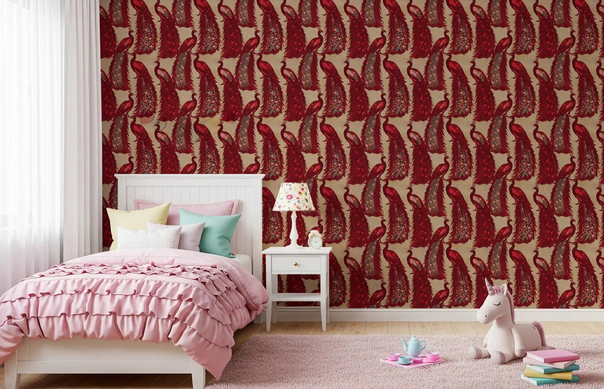 Girl's room feature wall with bold crimson peacock wallpaper on warm beige ground., GD10677