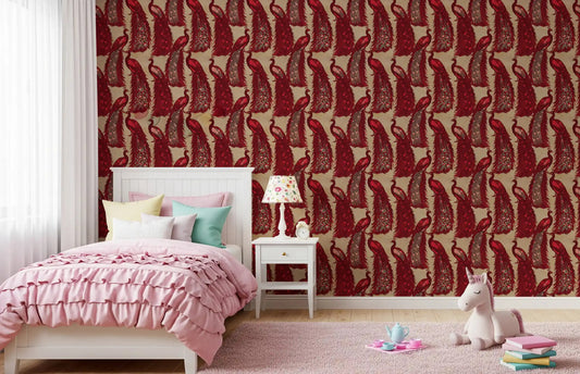 Girl's room feature wall with bold crimson peacock wallpaper on warm beige ground.