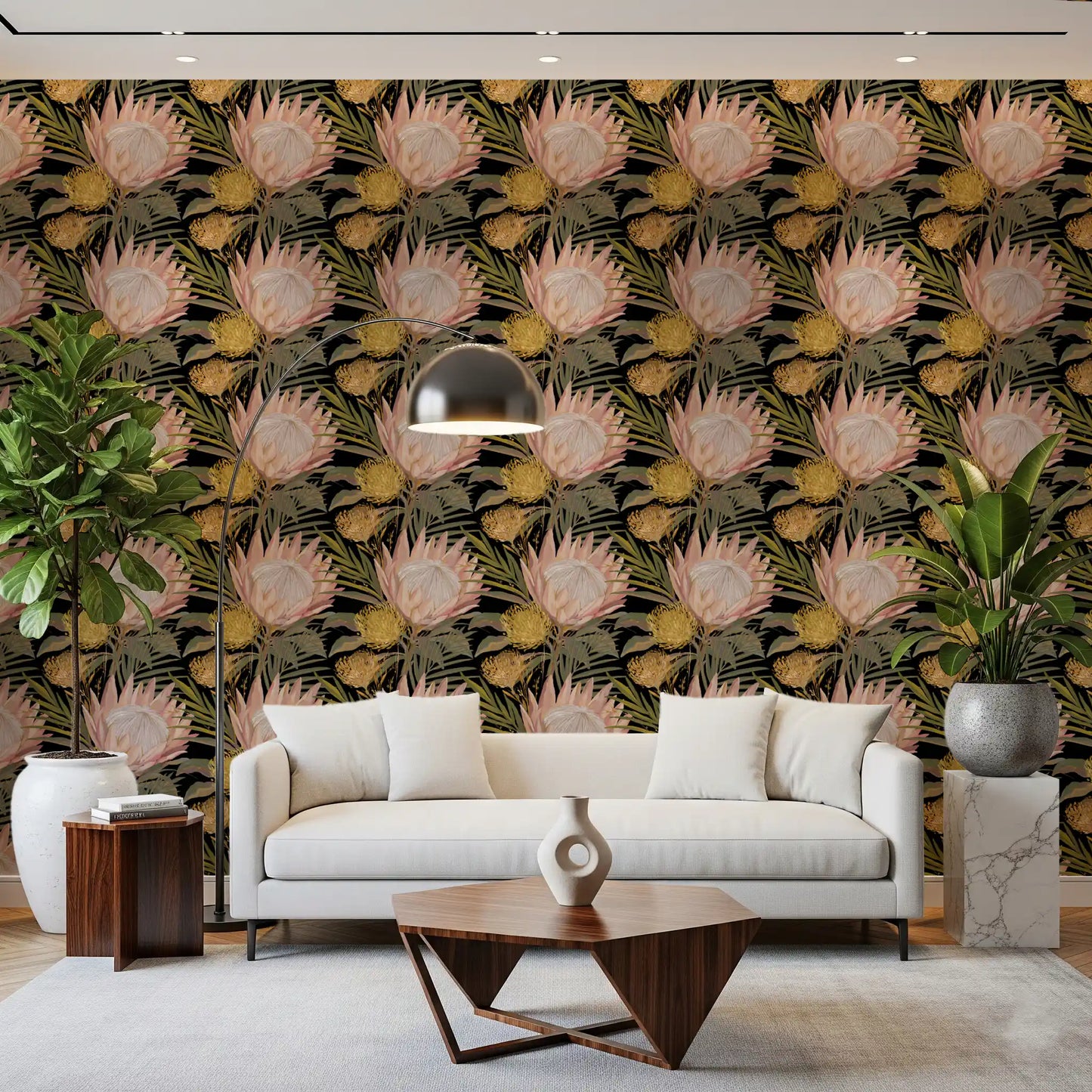 Midnight Protea and Golden Palm Wallpaper