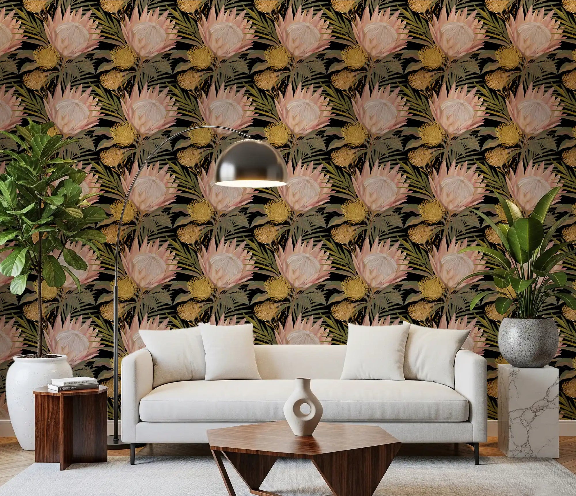 Living room accent wall with dark tropical protea and golden palm wallpaper., GD10678