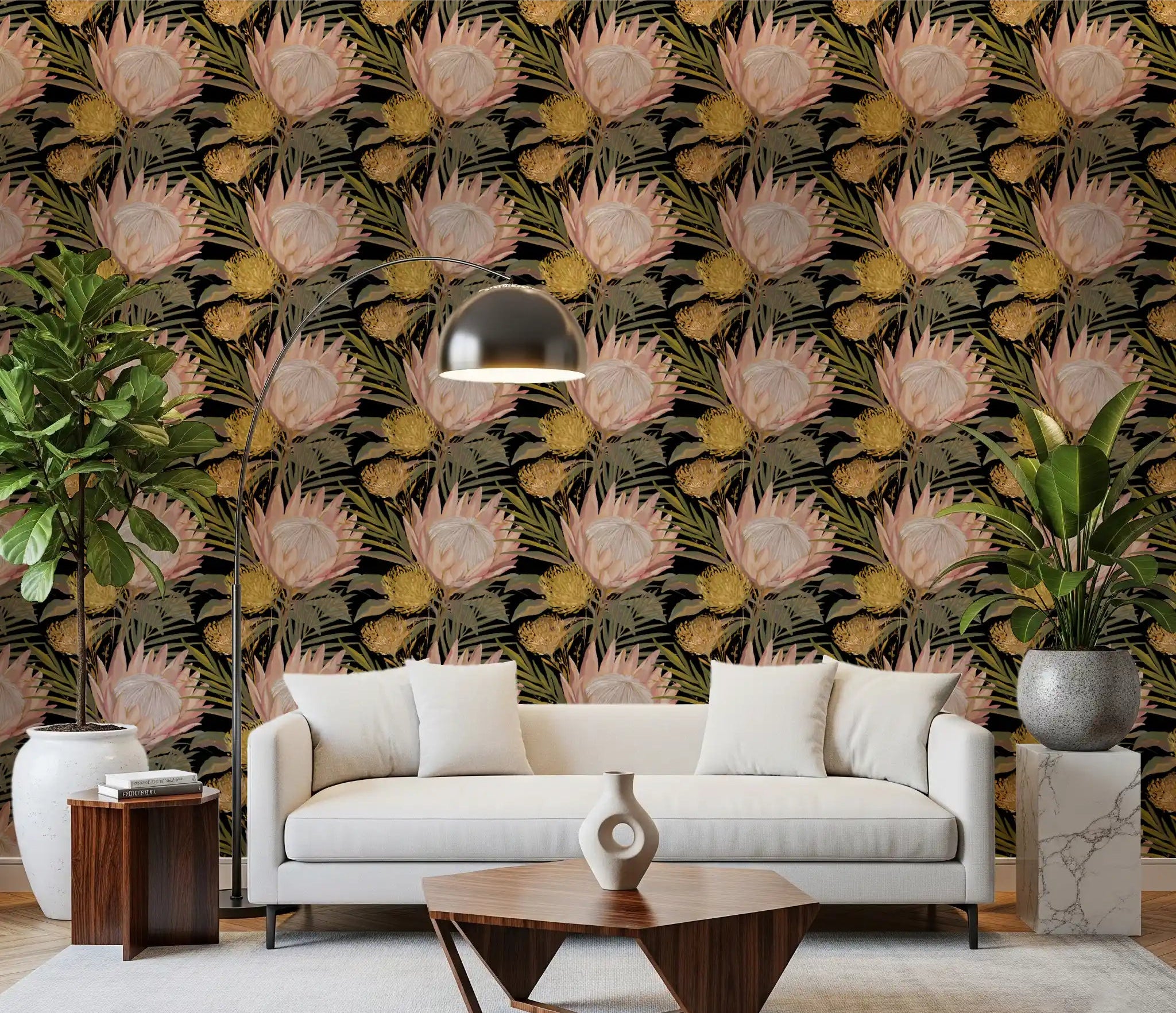 Living room accent wall with dark tropical protea and golden palm wallpaper.