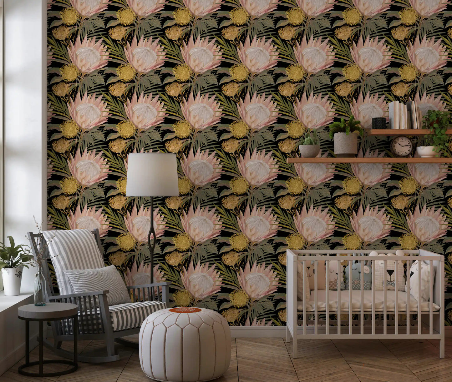 Midnight Protea and Golden Palm Wallpaper