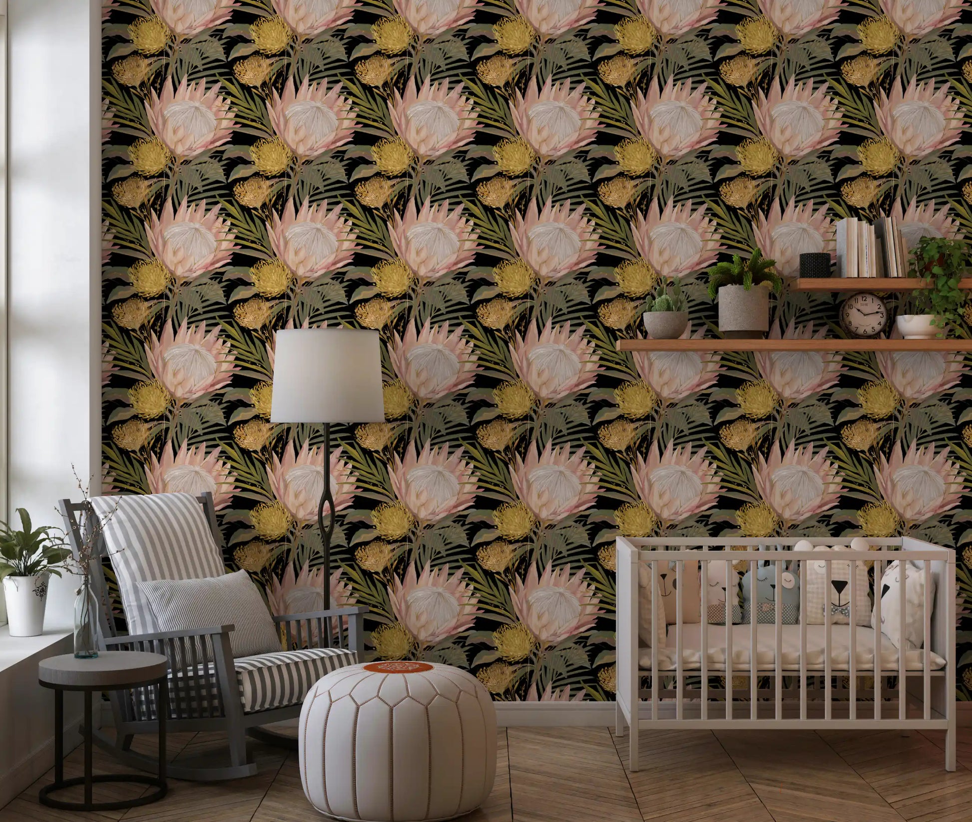 Midnight Protea and Golden Palm Wallpaper