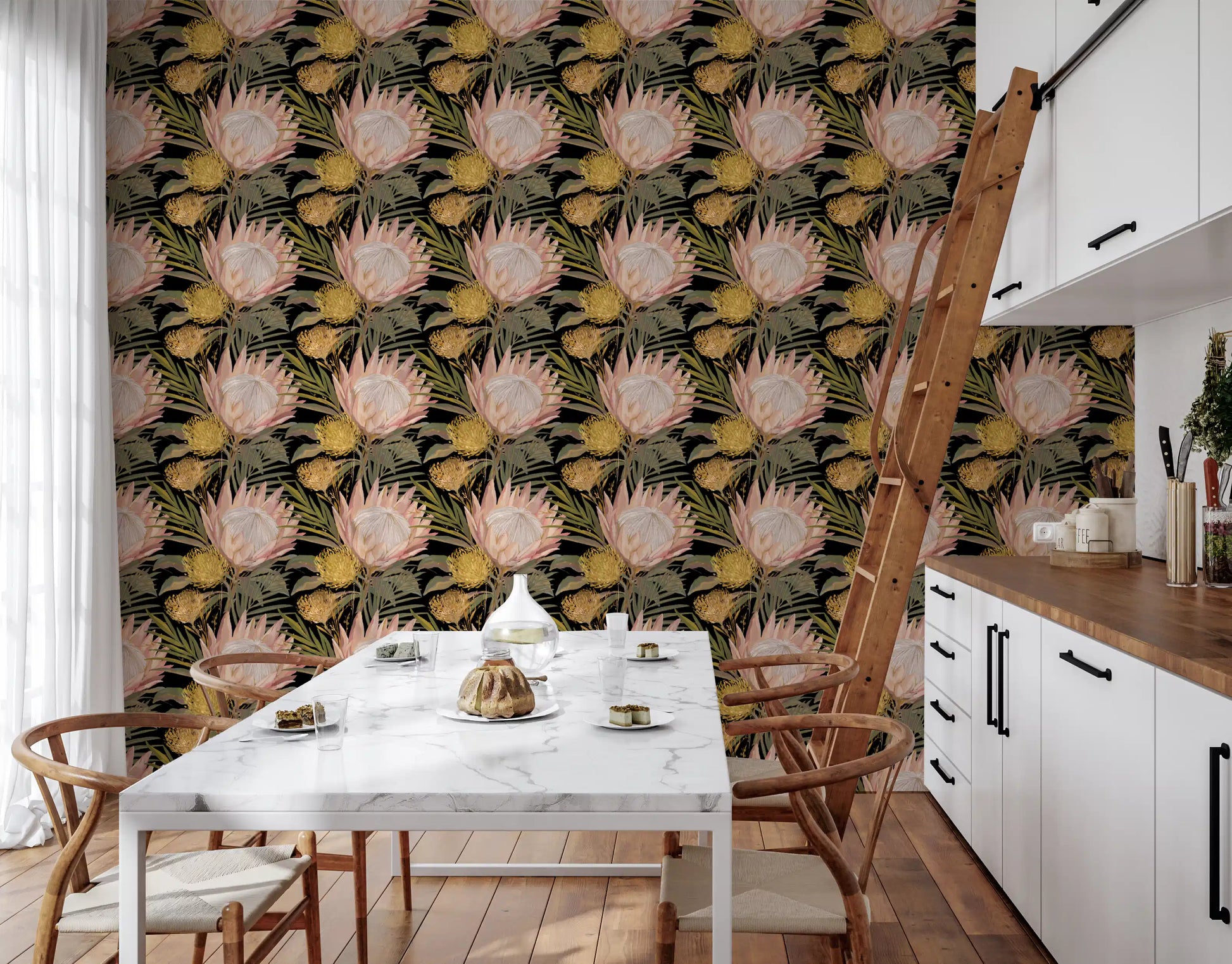Midnight Protea and Golden Palm Wallpaper