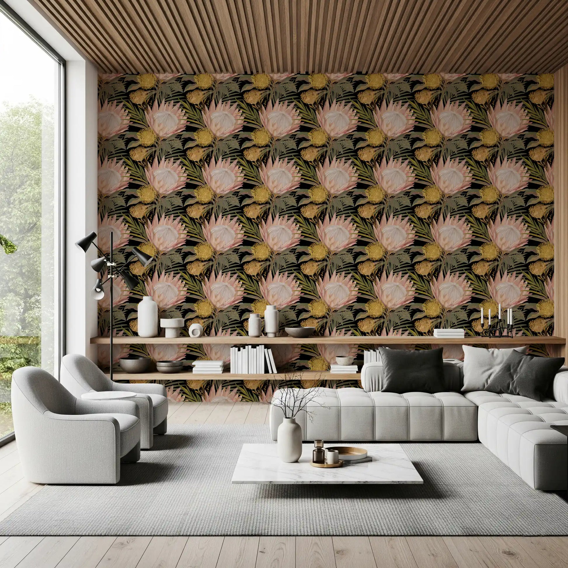 Midnight Protea and Golden Palm Wallpaper