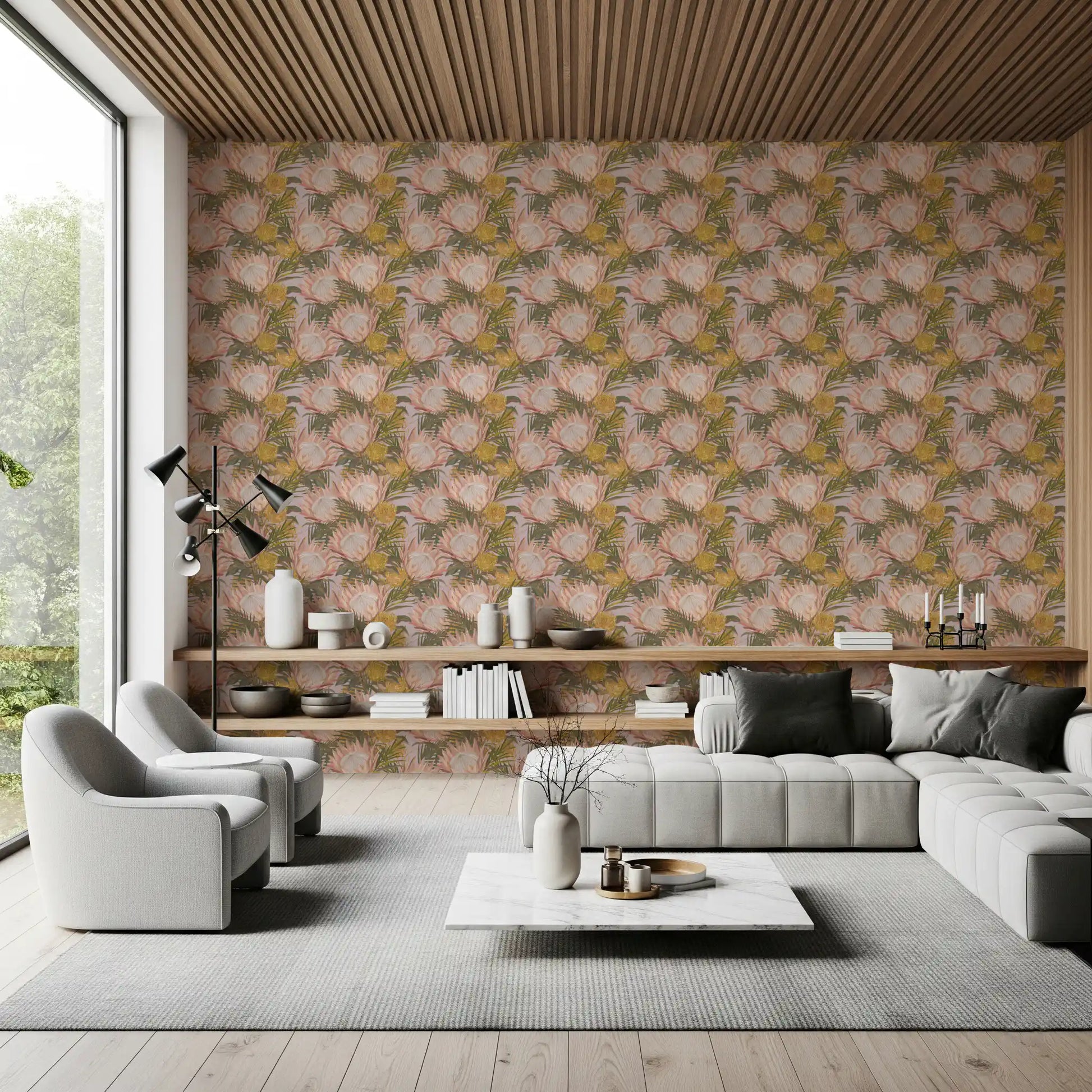 King Protea and Pincushion Botanical Wallpaper