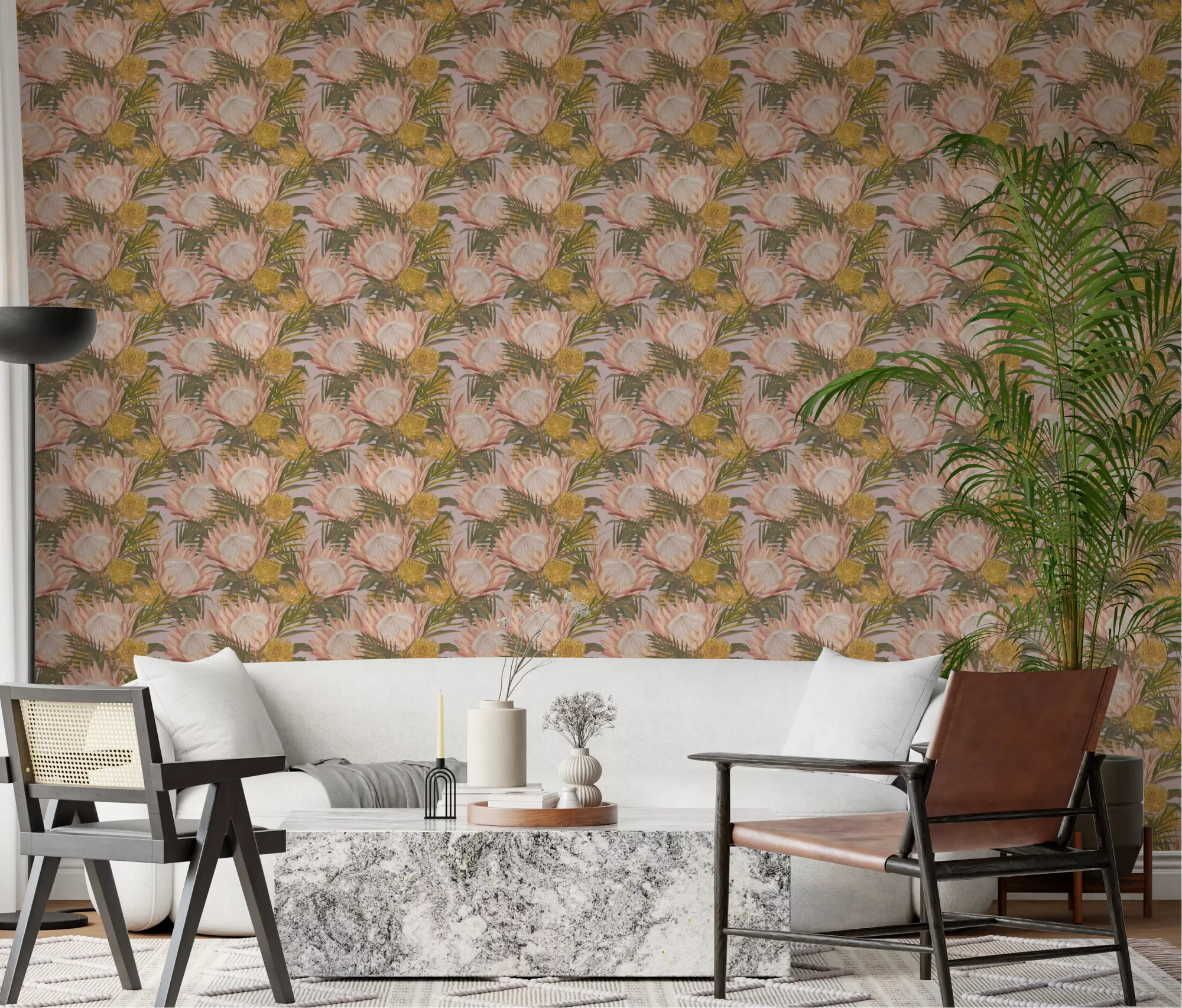 Living room feature wall with blush protea and golden pincushion botanical wallpaper., GD10679