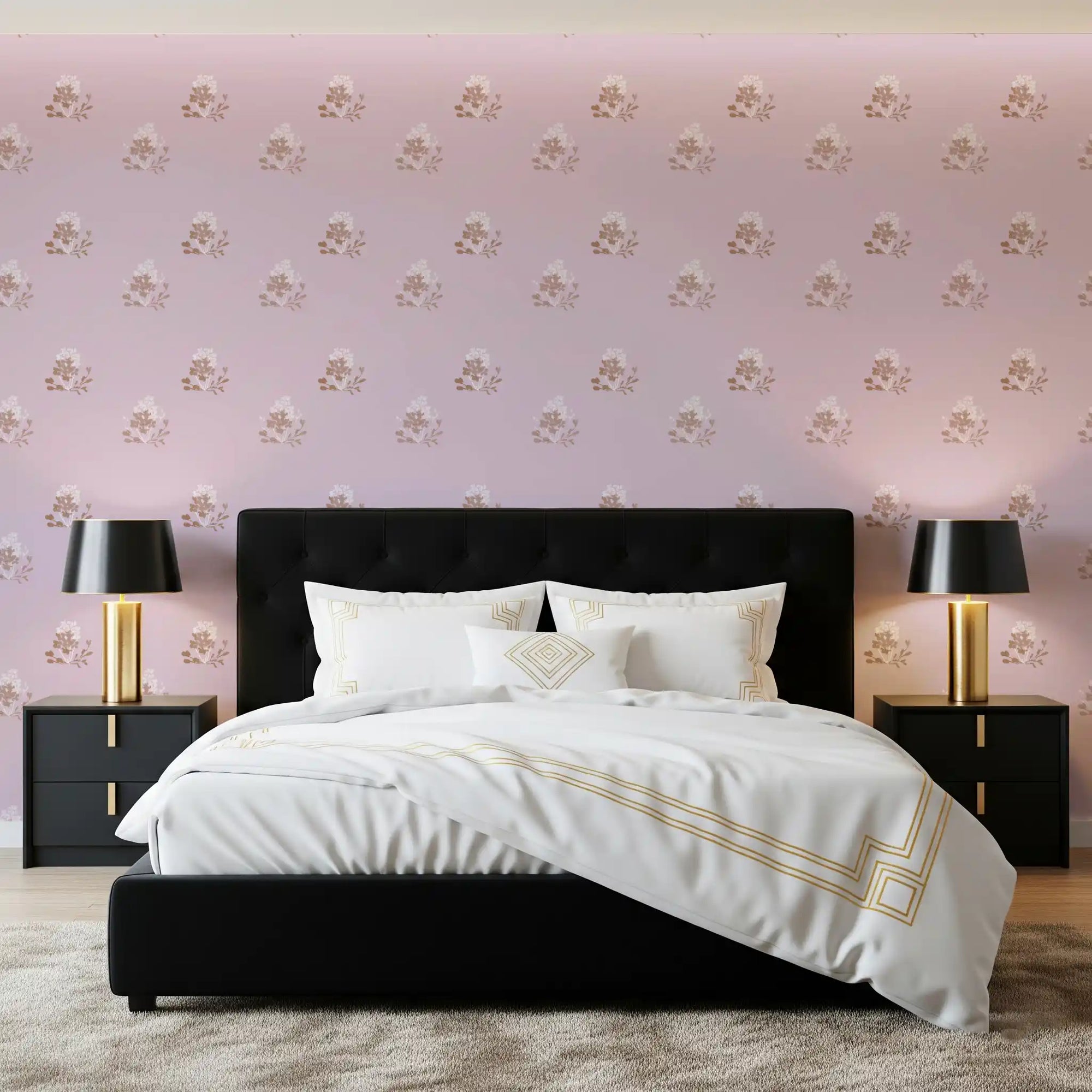 Floral charm in a bedroom with Charming Hand-Painted Lavender Floral Wallpaper, GD10680