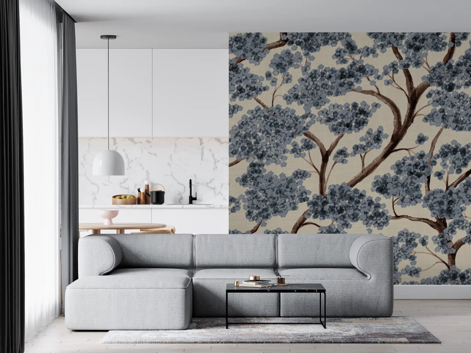 Blue-grey treetop canopy from Never Ending Trailing Tree Winter Wall Mural for a hallway., GD10684