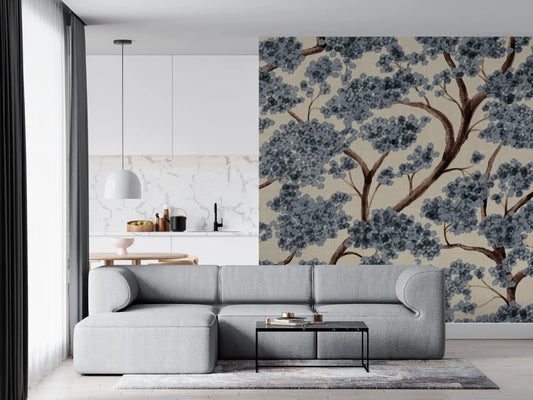Blue-grey treetop canopy from Never Ending Trailing Tree Winter Wall Mural for a hallway.