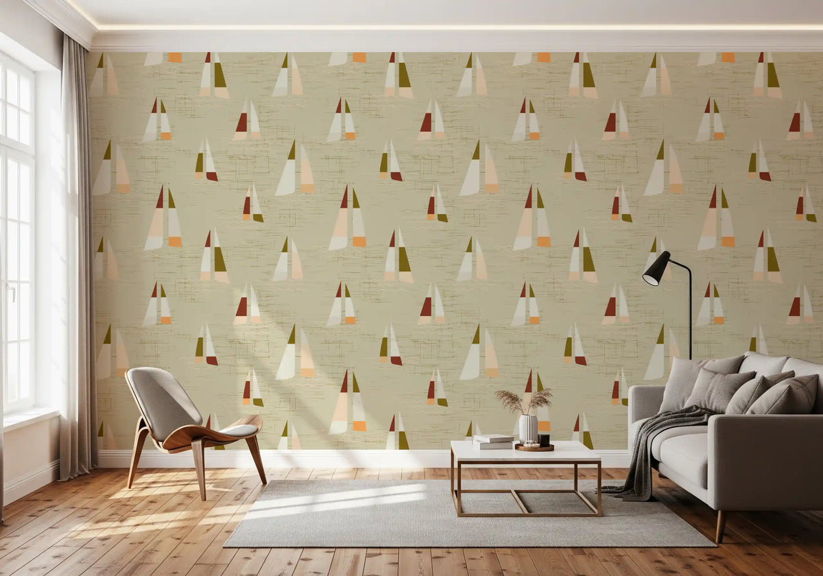 Sand Beige Mid Century Sailboats Wallpaper bringing antique mood into a living room., GD10685