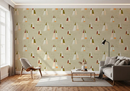 Sand Beige Mid Century Sailboats Wallpaper bringing antique mood into a living room.