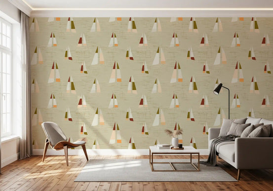 Sand Beige Mid Century Sailboats Wallpaper bringing antique mood into a living room., GD10685