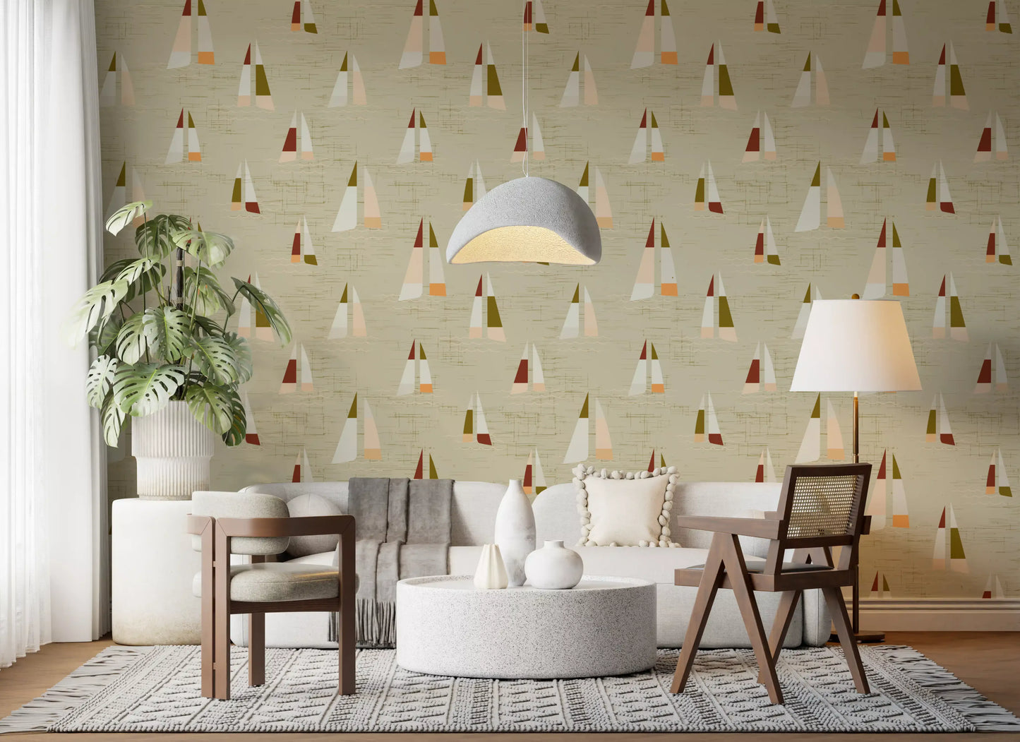 Sand Beige Mid Century Sailboats Wallpaper Wallpaper⁠