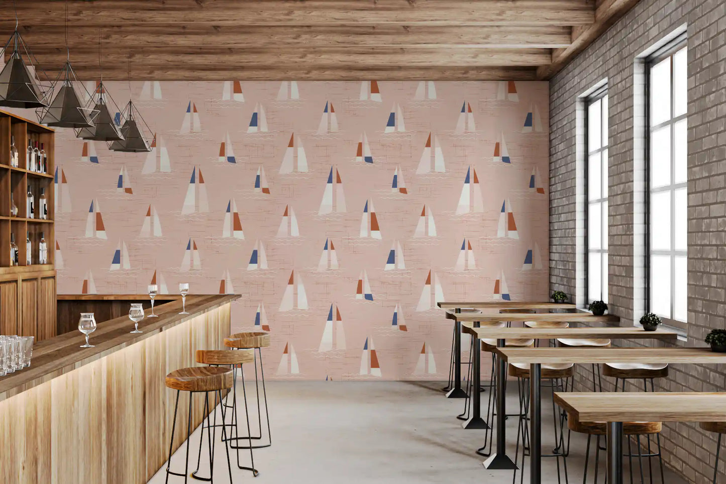 Blush Pink Mid Century Sailboats Wallpaper⁠