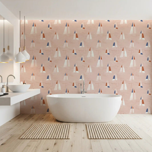 Blush bay sailboats wallpaper showing mid century vessels and washed-out rust grain