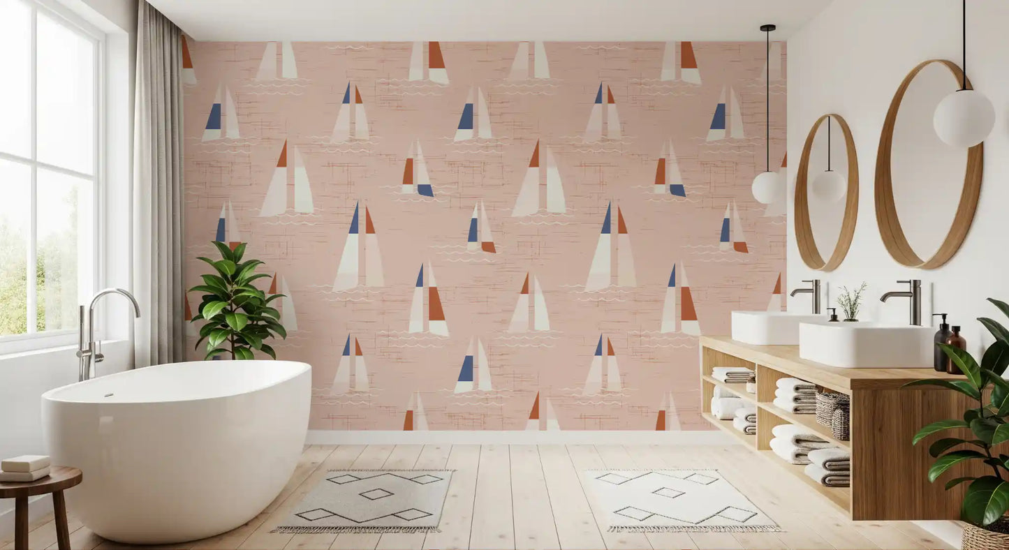 Blush Pink Mid Century Sailboats Wallpaper⁠