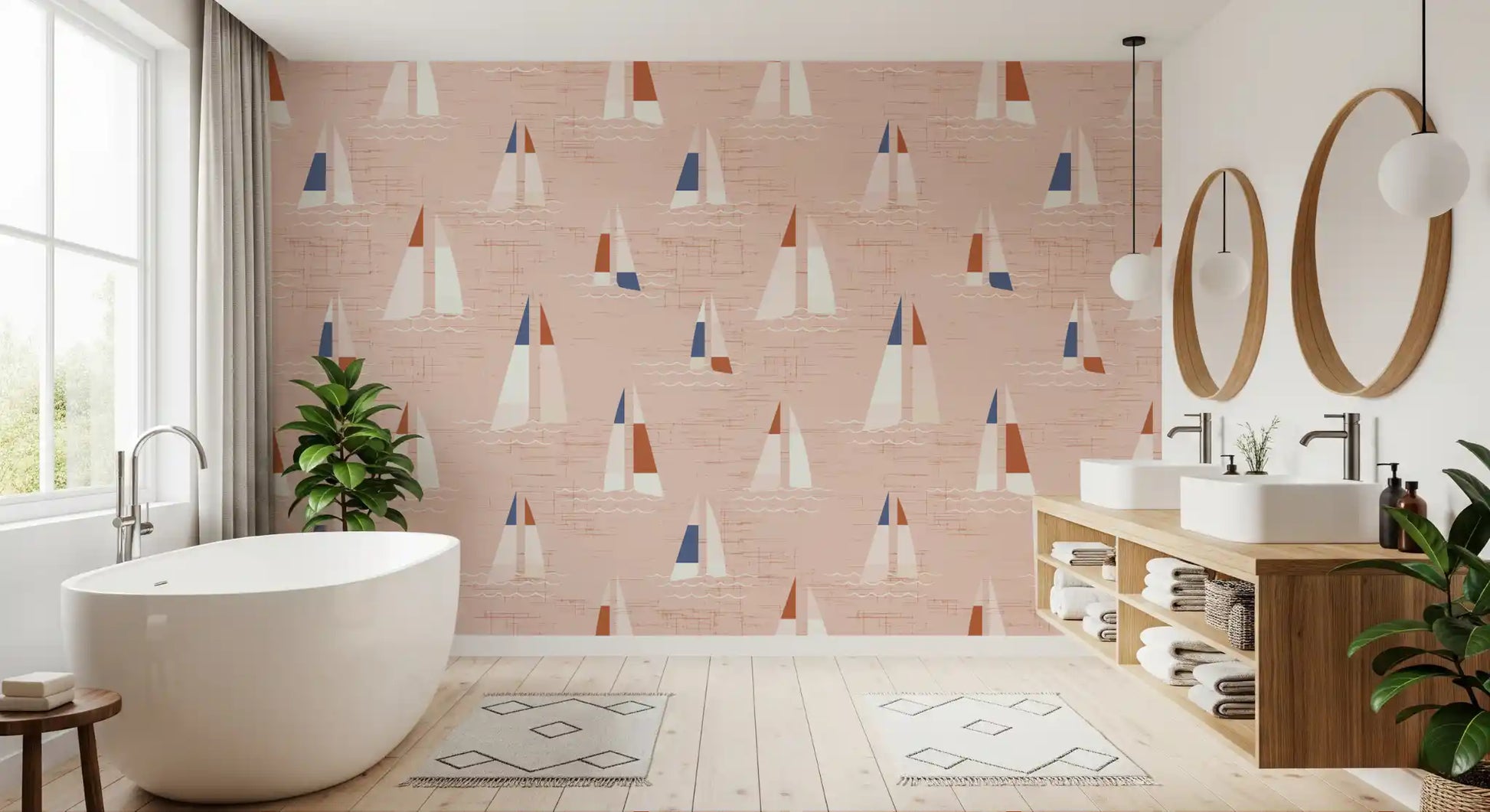 Blush Pink Mid Century Sailboats Wallpaper⁠