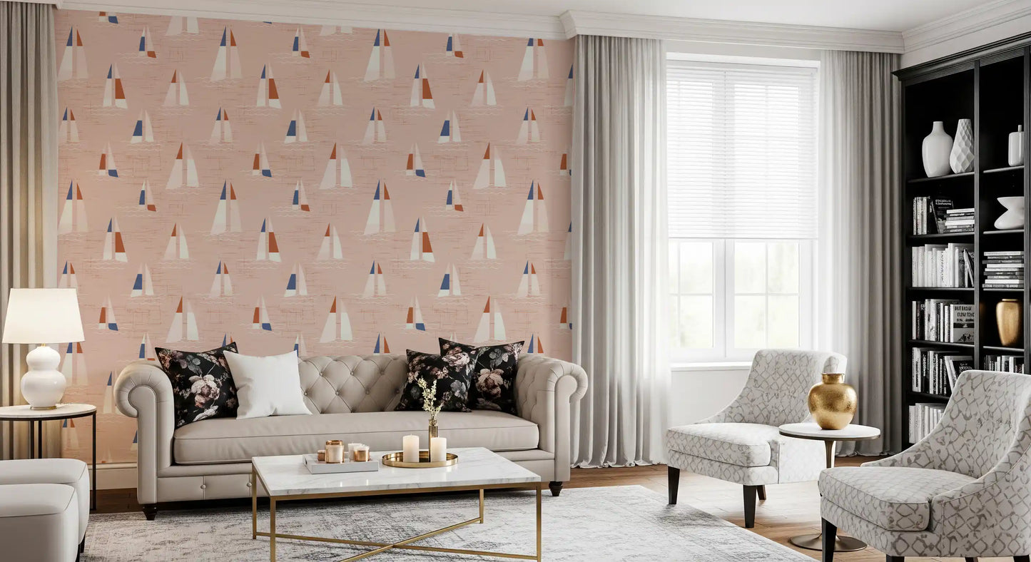 Blush Pink Mid Century Sailboats Wallpaper⁠