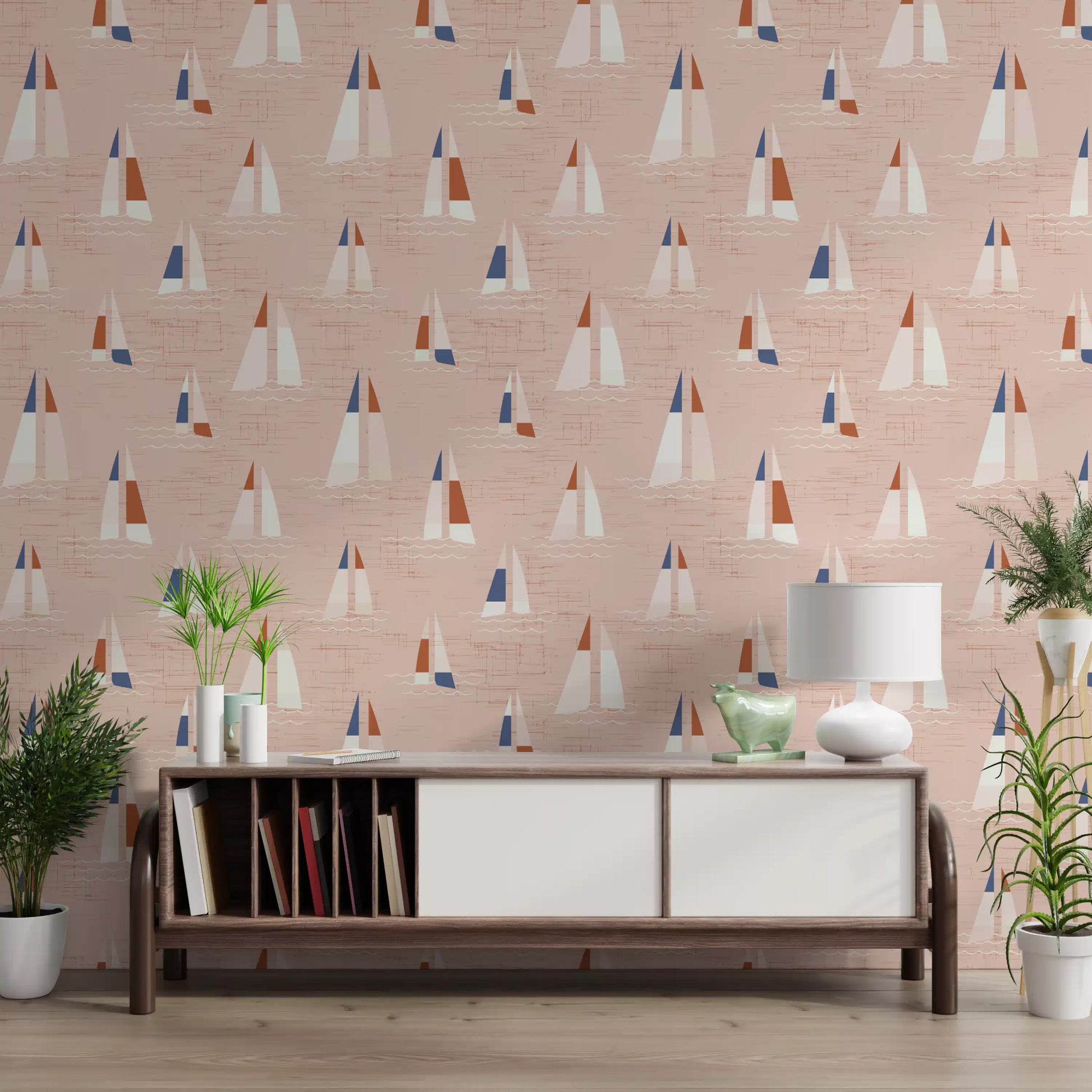Blush Pink Mid Century Sailboats Wallpaper⁠