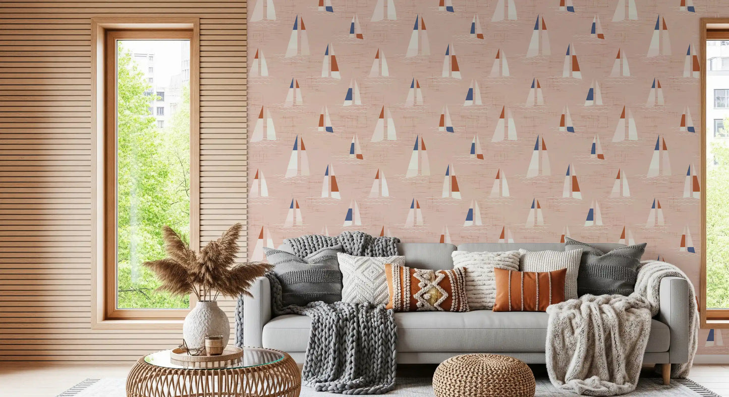Blush Pink Mid Century Sailboats Wallpaper⁠