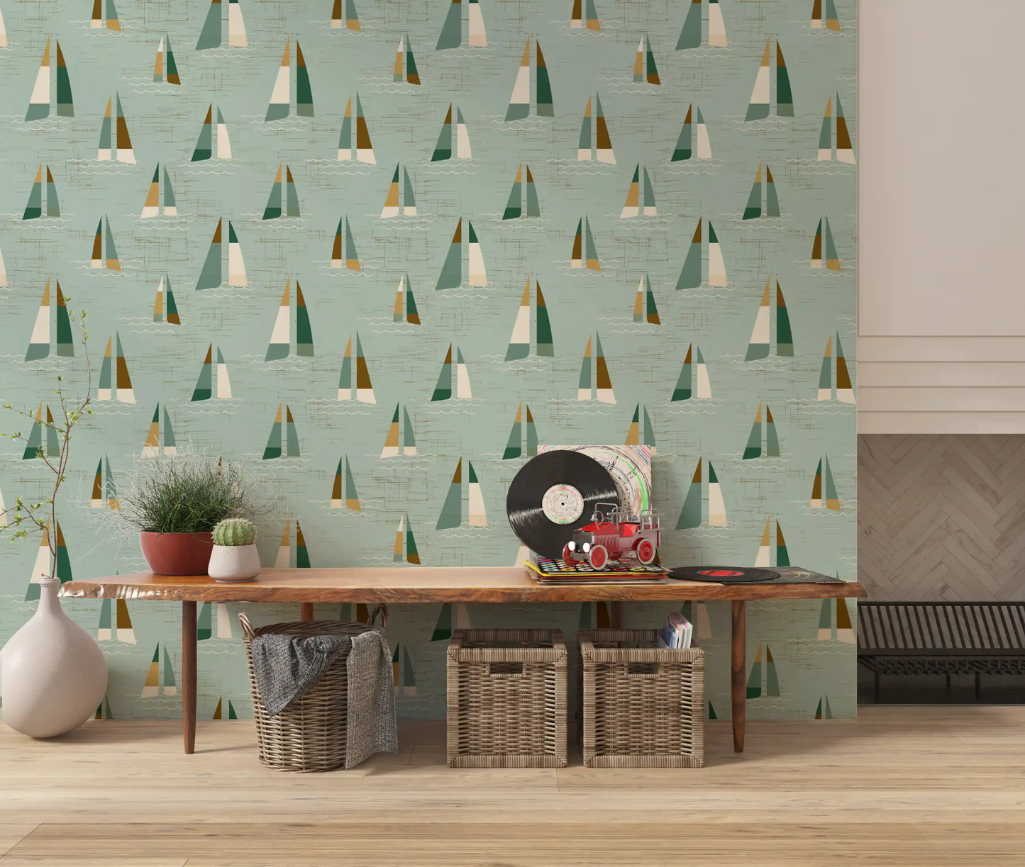 Seafoam Green Mid Century Sailboats Wallpaper Wallpaper⁠