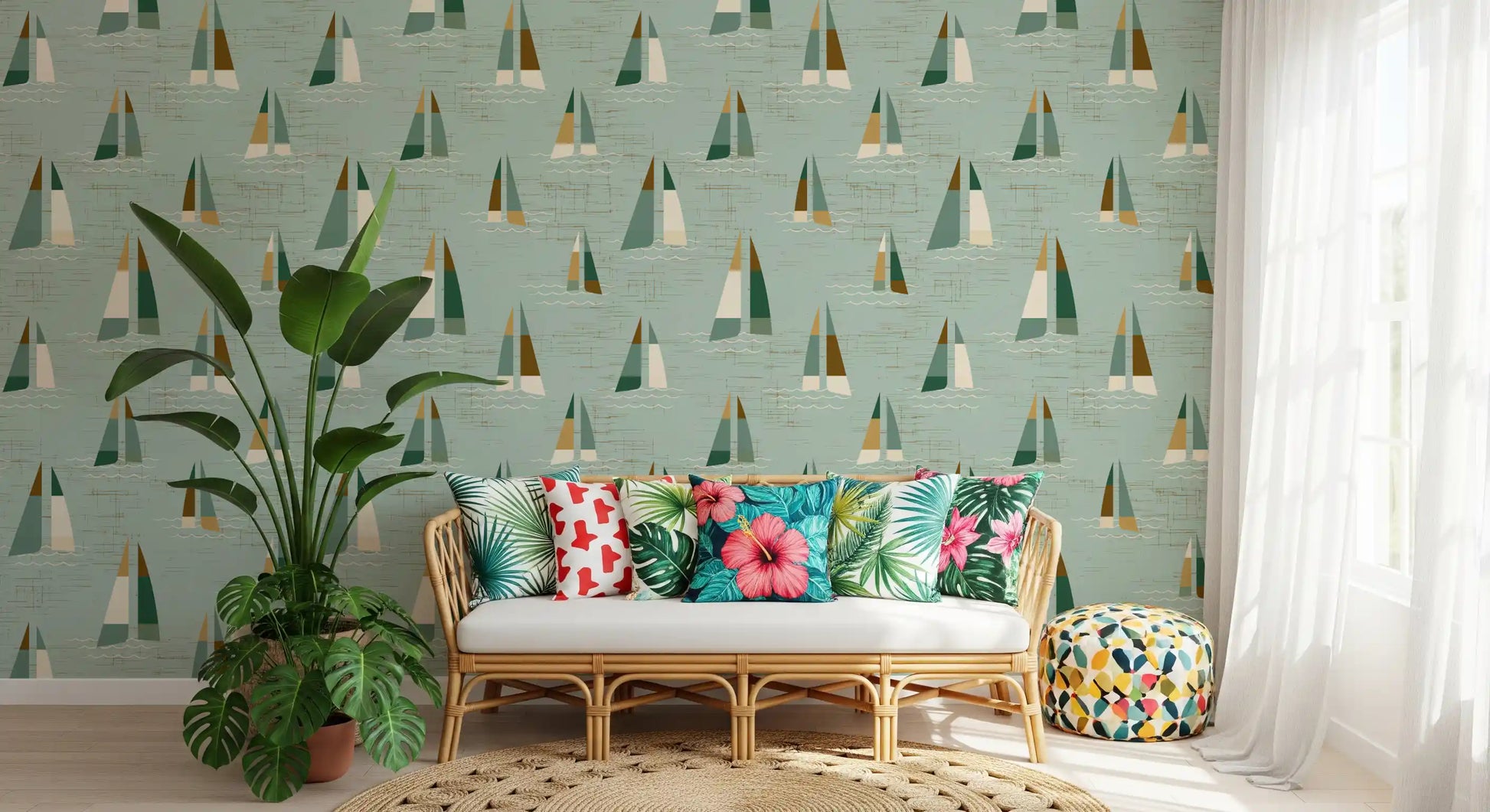 Seafoam Green Mid Century Sailboats Wallpaper Wallpaper⁠