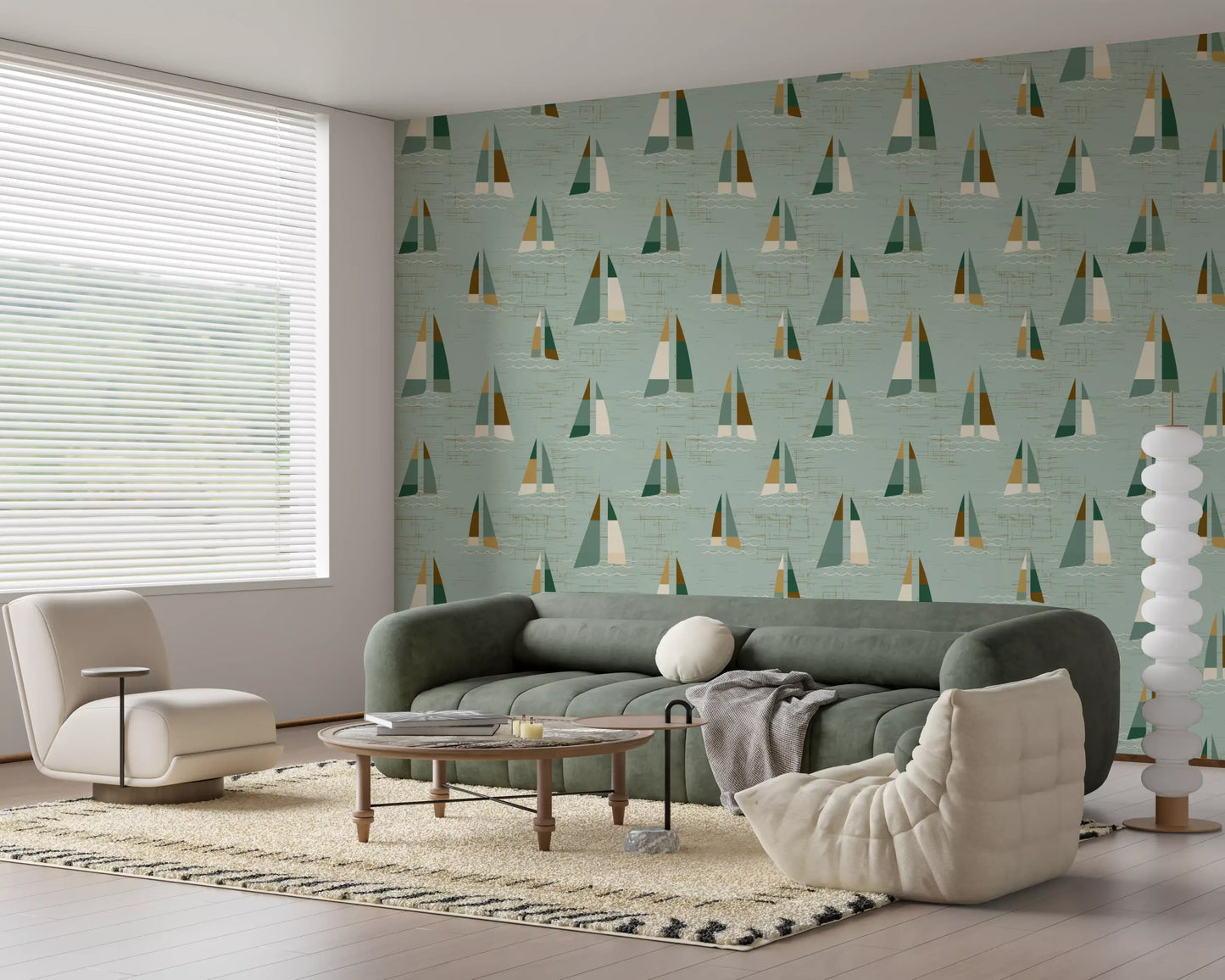 Seafoam Green Mid Century Sailboats Wallpaper Wallpaper⁠