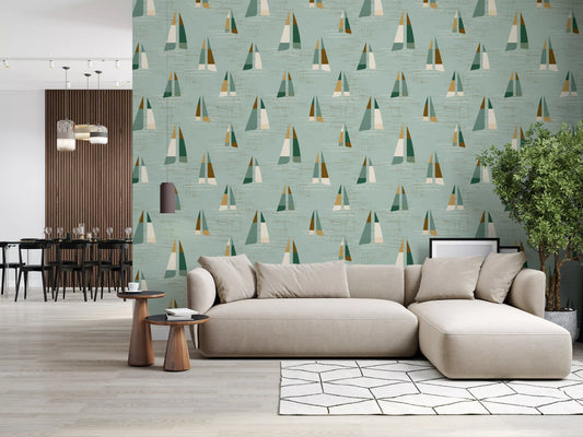 Drawing room glowing in Seafoam Green Mid Century Sailboats Wallpaper summer scene