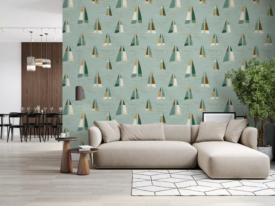 Drawing room glowing in Seafoam Green Mid Century Sailboats Wallpaper summer scene, GD10687