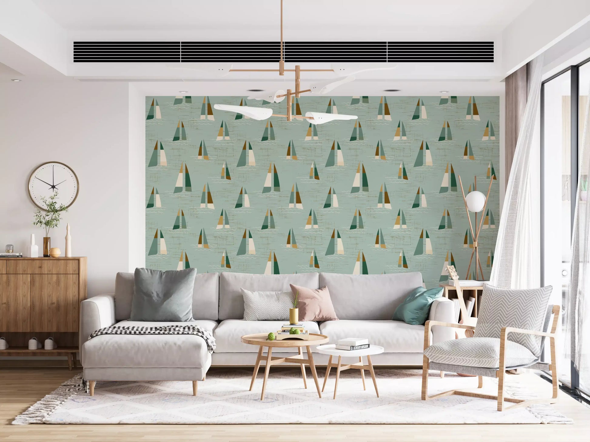 Seafoam Green Mid Century Sailboats Wallpaper Wallpaper⁠
