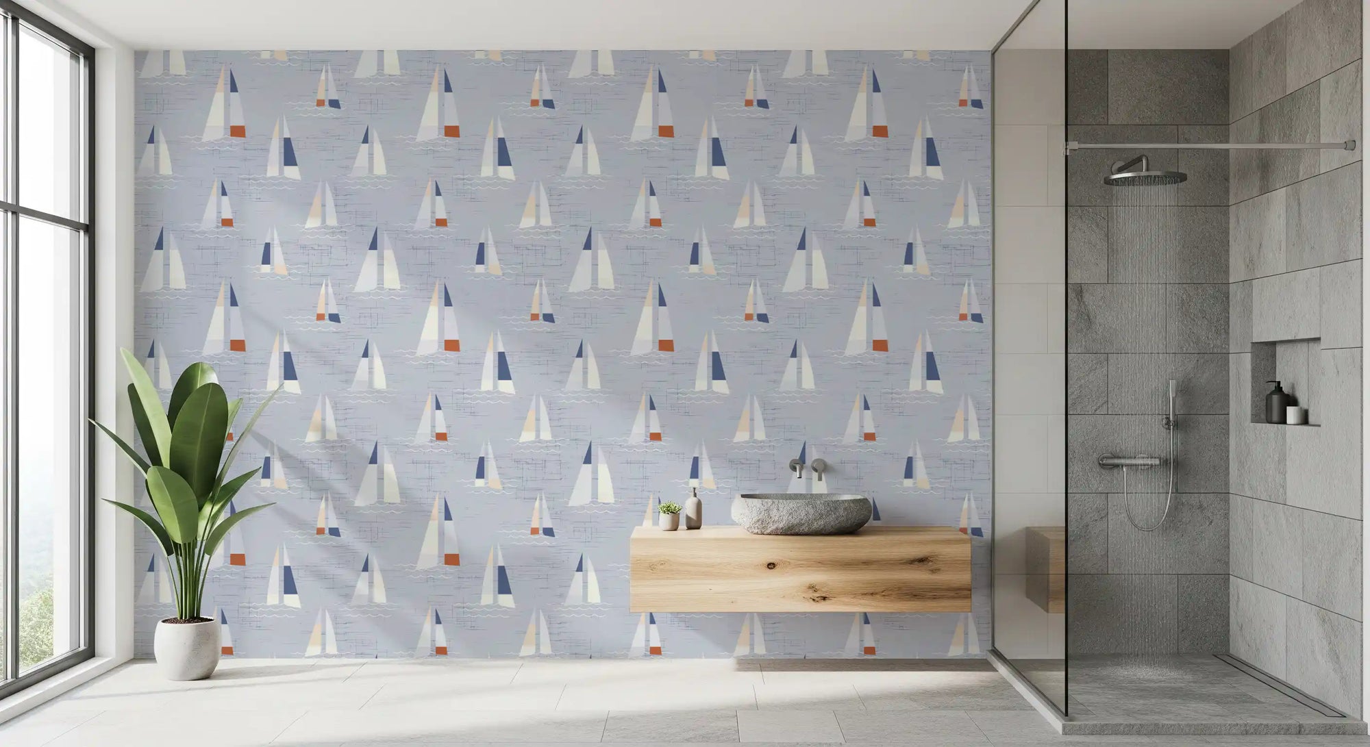 Bathroom edged with coastal blue sailboats wallpaper in mid century scene, GD10688