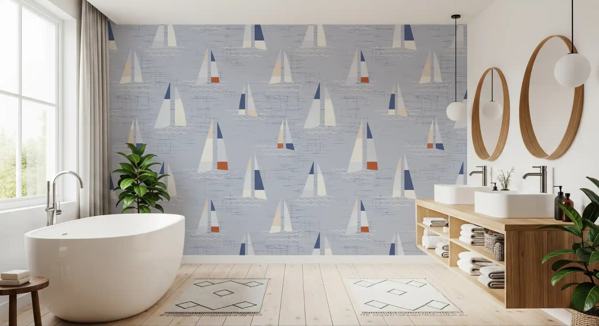 Coastal Blue Mid Century Sailboats Wallpaper Wallpaper⁠