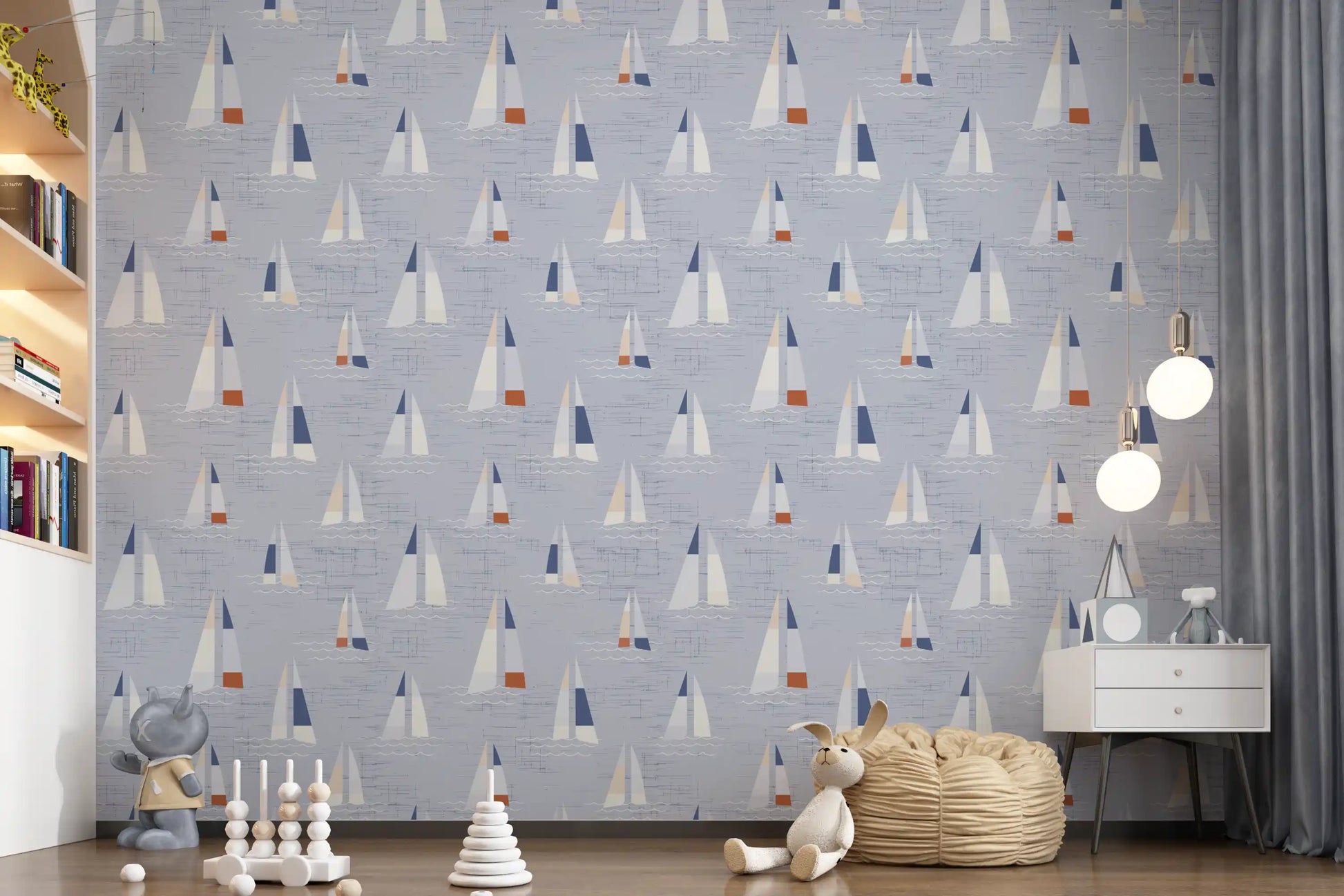 Coastal Blue Mid Century Sailboats Wallpaper Wallpaper⁠