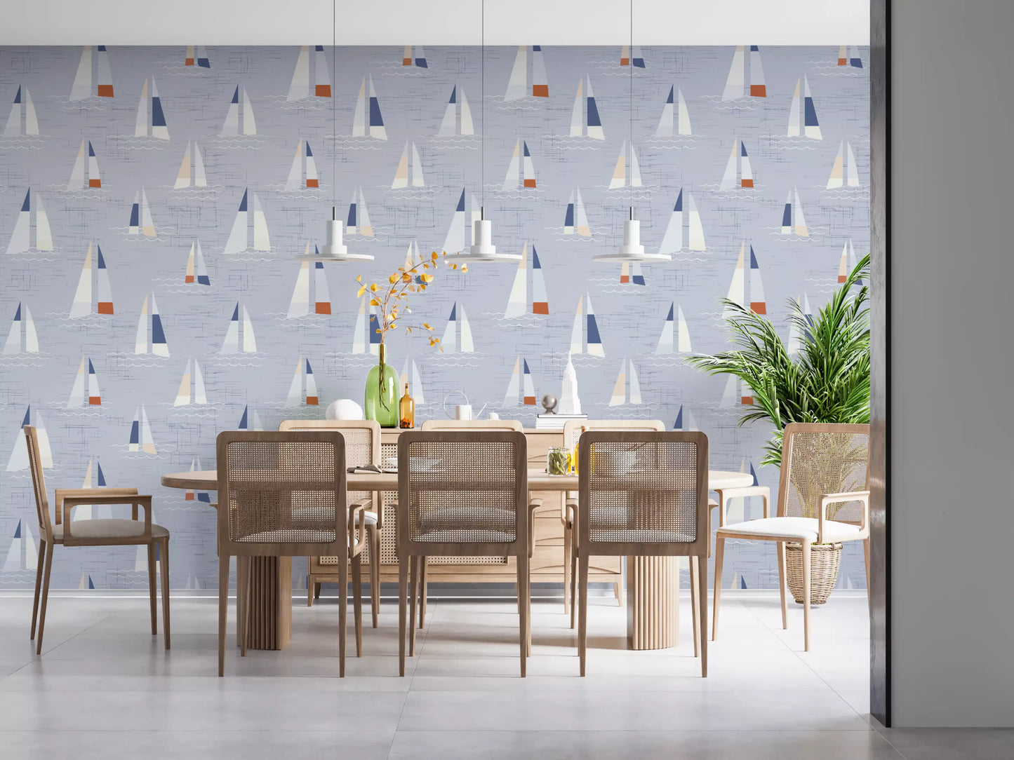 Coastal Blue Mid Century Sailboats Wallpaper Wallpaper⁠