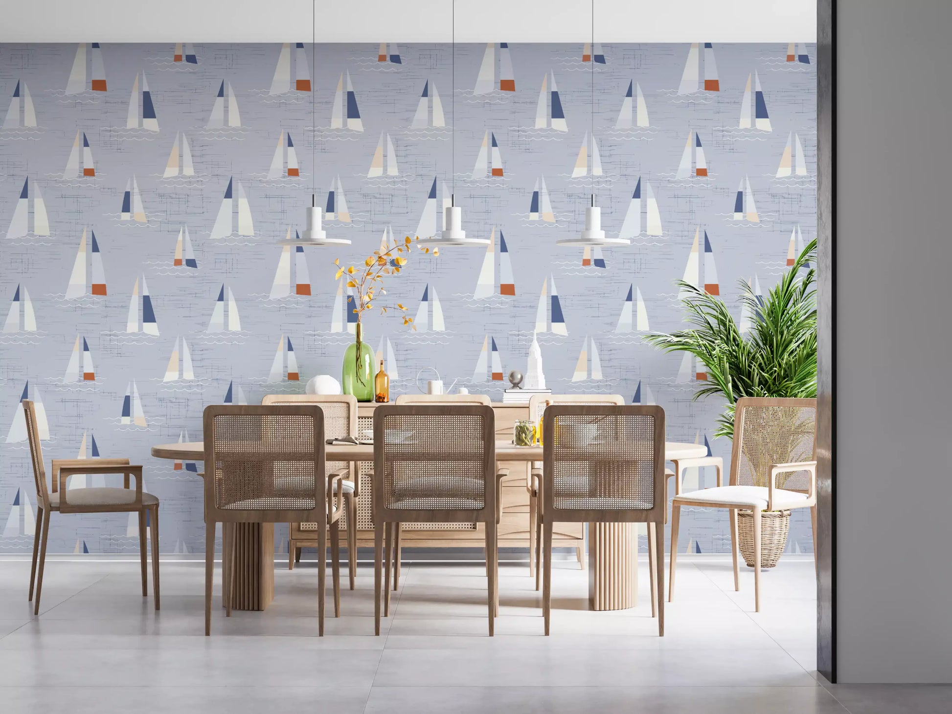 Coastal Blue Mid Century Sailboats Wallpaper Wallpaper⁠